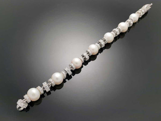 Iced Royal Pearl Chain Bracelet Sterling Silver