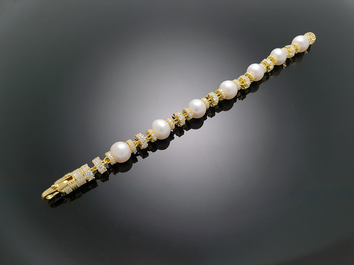 Iced Royal Pearl Chain Bracelet Sterling Silver